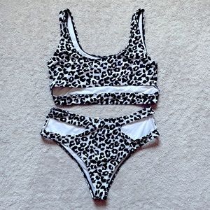 Large Shein Black and White Cheetah Bikini Set